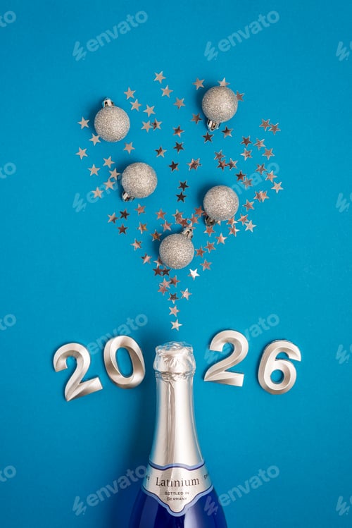 Visualização: Celebração de champanhe de ano novo de 2026 com confetes de prata em fundo azul