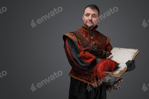Preview: Bearded musketeer man with book isolated on gray background
