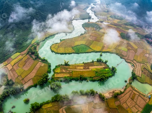 Preview: Aerial drone view of rice terrace paddle field around the river at Phong Nam, Cao Bang, Vietnam