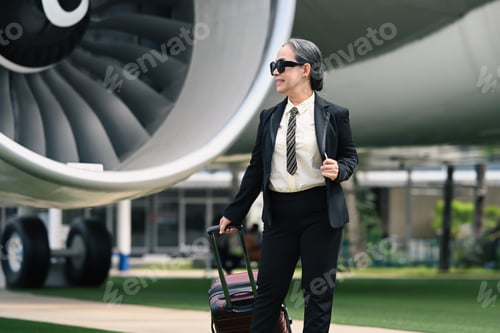 Preview: Elegant mature businesswoman walking near the airport with a suitcase. Business travel concept