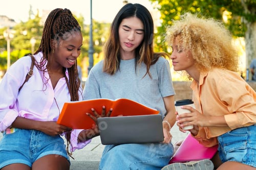 Preview: Three multiracial friends studying at a park.