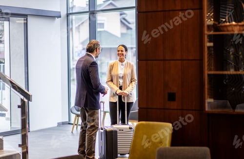 Preview: Two business people arriving in a hotel for a business conference, checking in at the reception.