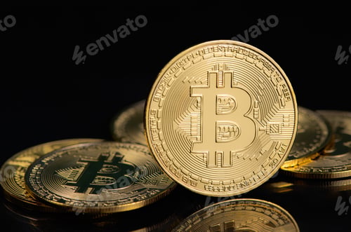 Preview: Bitcoin e-cryptocurrency on black background.