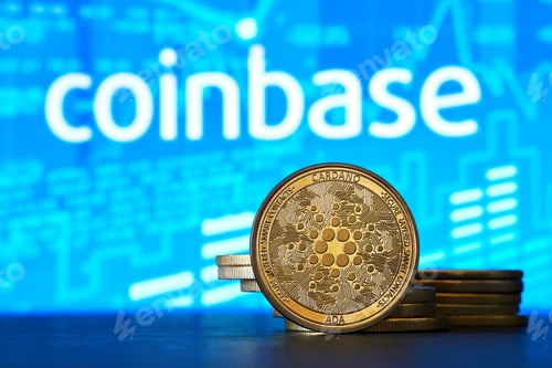 Preview: Coinbase logo on a computer screen with a stack of crypto coins