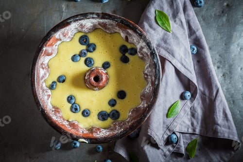 Preview: Ingredients for homemade and rustic cake with blue berries