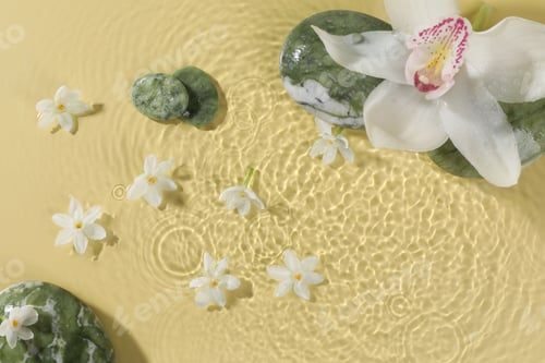 Preview: Beautiful flowers and spa stones in water on pale yellow background, top view