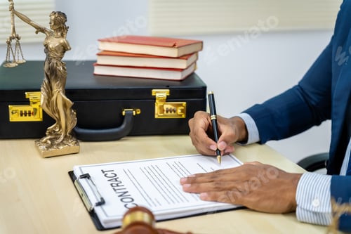 Preview: Male Asian lawyer in formal suit handles contracts, agreements, legal obligations, rights liberties