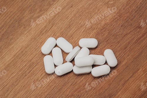 Preview: Big white pills on the wooden table