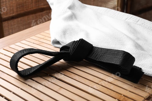 Preview: Martial arts uniform with black belt on table indoors