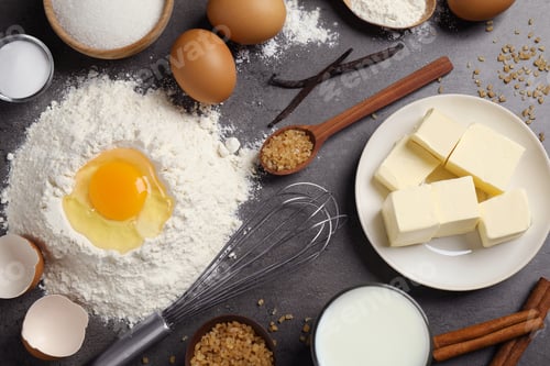 Preview: Flat lay composition with fresh ingredients for delicious homemade cake on grey table