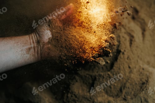 Hands releasing soil particles in a dynamic motion on the ground at sunset