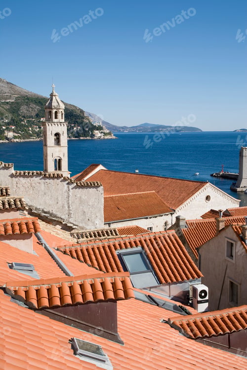 Preview: View of church tower and rooftops, Dubrovnik, Croatia