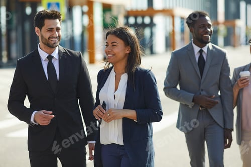 Preview: Positive multi-ethnic colleagues walking over street