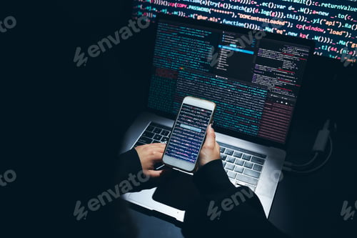 Preview: Cyber security threat. Young woman using computer and coding. Internet and network security