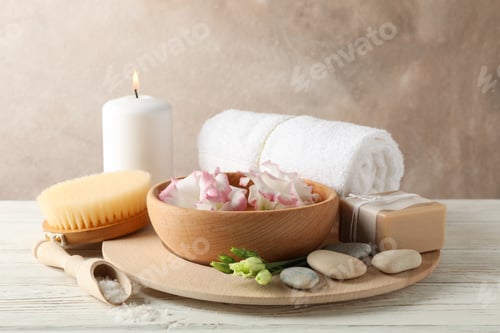 Preview: Spa accessories on white wooden background, space for text
