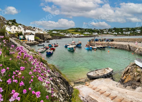 Preview: Traditional Cornish fishing boats at Coverack harbour in Summer