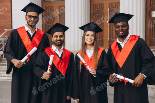 Preview: Group of Diverse Graduates Celebrating in Traditional Caps and Gowns Outdoors