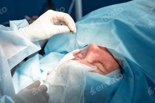 Preview: Close up of the face of a patient who is undergoing blepharoplasty. The surgeon cuts the eyelid and