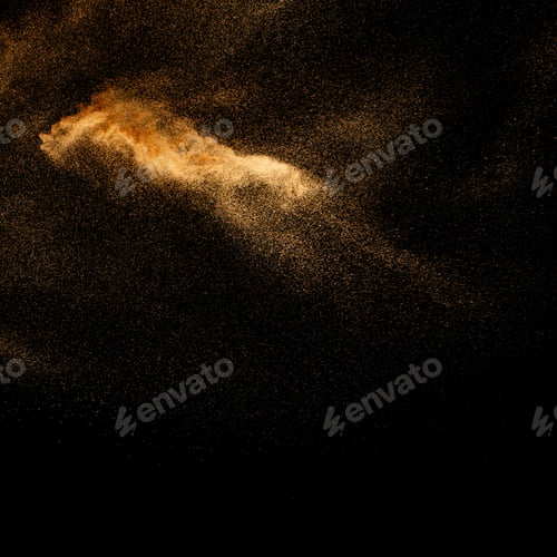 Preview: Sand explosion isolated on black background. Freeze motion of sandy dust splash.
