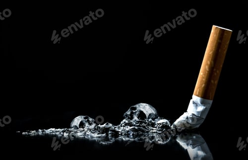 Preview: Cigarette ashes with skull.Tobacco cigarette butt on black background.World No Tobacco Day Concept.