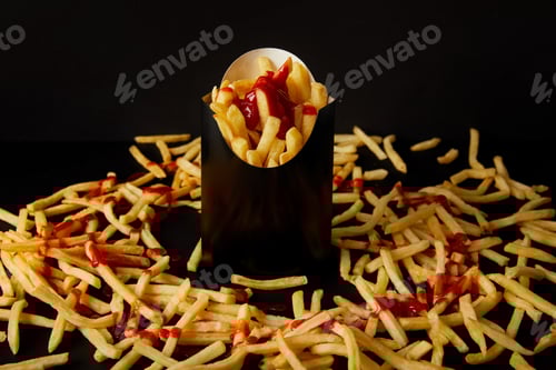 Preview: french fries in black box surrounded with messy fries on tabletop isolated on black