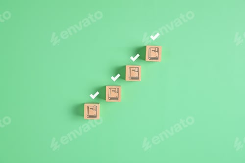 Preview: book and right correct symbol book icon on wooden cube. High quality photo.