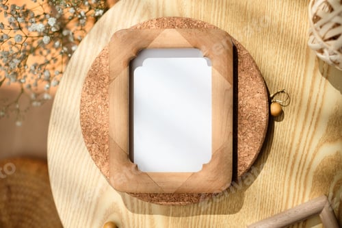Preview: mockup wooden photo frame on round table with evening sunlight