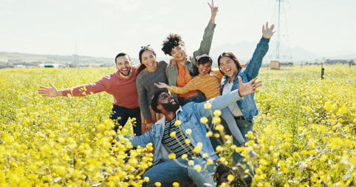 Preview: Family, friends and child in park together for summer holiday, travel or vacation celebration. Bond
