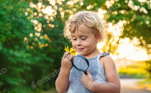 Preview: A child looks at a flower with a magnifying glass. Selective focus.