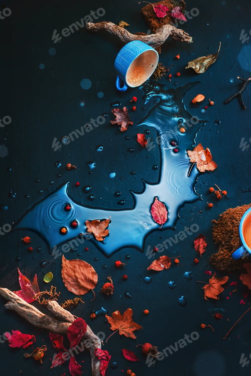 Preview: Halloween flatlay, bat silhouette in raindrops with