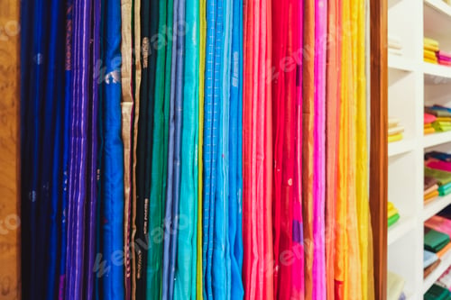 Preview: Heap of cloth fabrics at a fabric and sarongs store in India