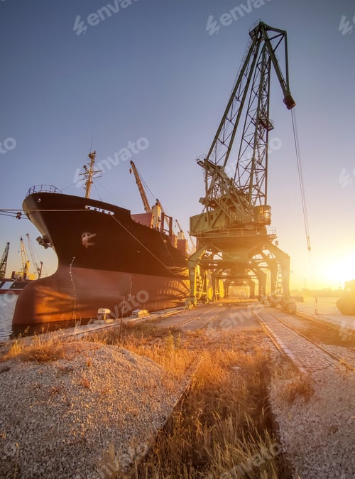 Preview: cargo ship bulk carrier is loaded with grain of wheat in port at sunset