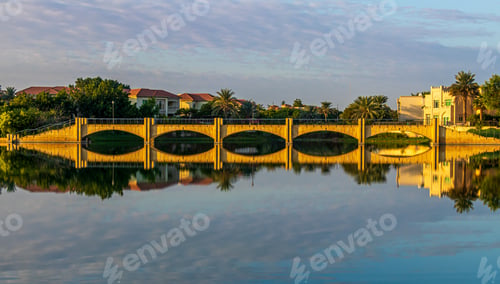 Preview: Lake with reflections of a bridge and trees in Dubai, UAE during the daytime