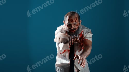 Preview: Growling creepy monster prowling at camera on blue background.
