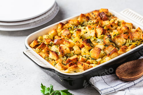 Preview: Traditional Thanksgiving stuffing. Bread casserole with celery.