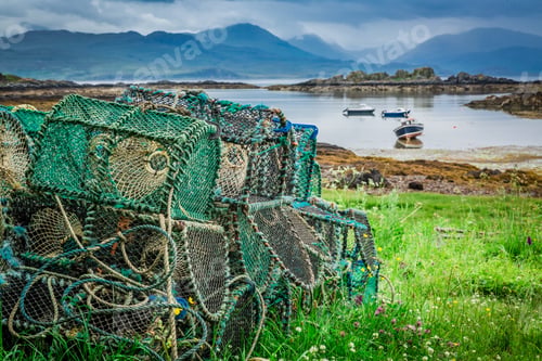 Preview: Cage for lobster and bay with boats in Scotland