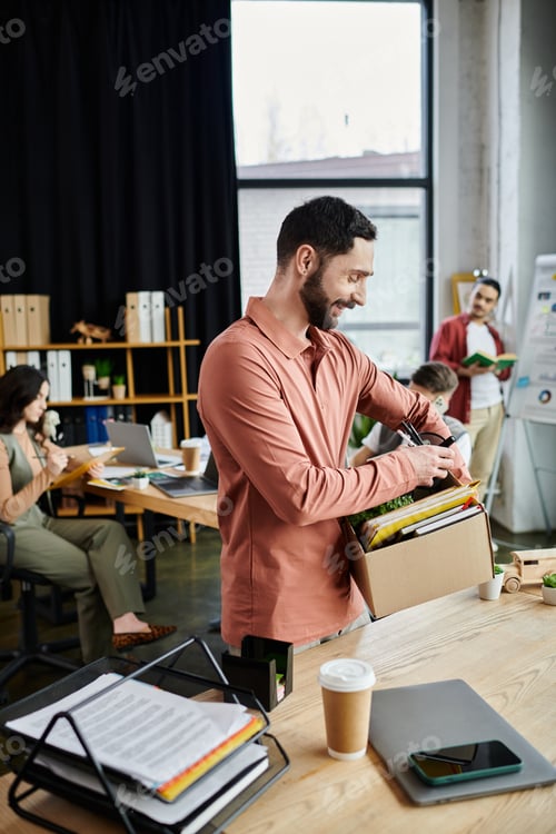 Preview: Colleagues in Casual Attire Navigating Layoff Emotions in Modern Office Space