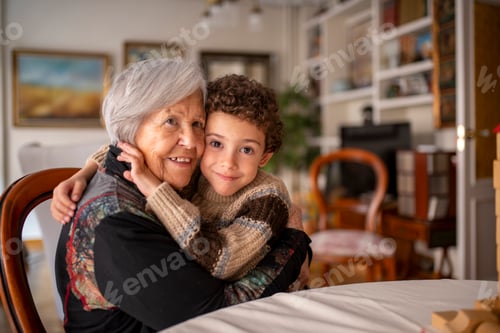 Preview: Grandchild hugging grandmother at home playing with wooden blocks