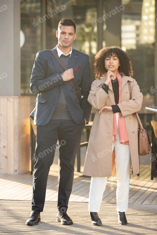 Preview: Urban city portrait, confidence or business people, real estate agent or property investment team w
