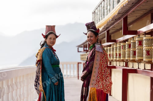 Preview: Two Indian women in traditional Leh attire spin golden prayer wheels at a monastery