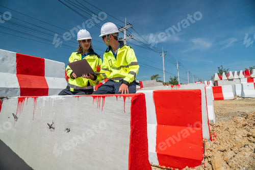 Preview: Two engineers sit amidst red-and white barricades at a construction site.