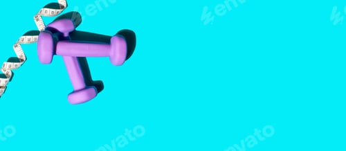 Preview: Top view of purple dumbbells and tape measure on a blue background. Copy space, banner.