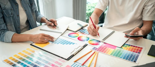 Preview: Team of creative graphic designer working on color swatch sample