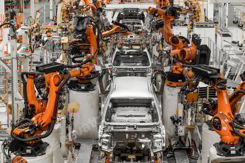 Preview: Photo of automobile production line. Modern car assembly plant. Modern and high-tech automotive