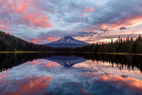 Preview: Gorgeous sunrise view over Trillium Lake, Oregon Cascades, Mt Hood