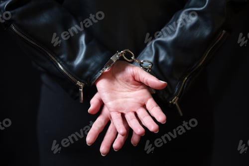 Preview: Arrest, protection from crime and law violation. Handcuff criminal woman hands close up.
