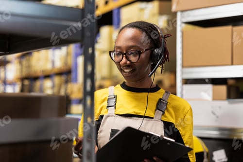 Preview: Call center staff member assisting clients in a storehouse depot,