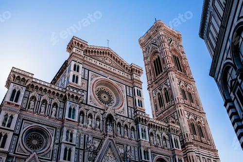 Preview: beautiful facade of Duomo Cathedral with Giotto Bell Tower in Florence, Italy