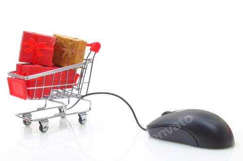 Preview: Shopping cart with mouse and gift boxes isolated