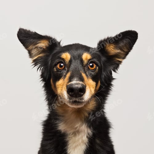 Preview: Studio portrait of a black mongrel dog isolated on a white background looking at the camera